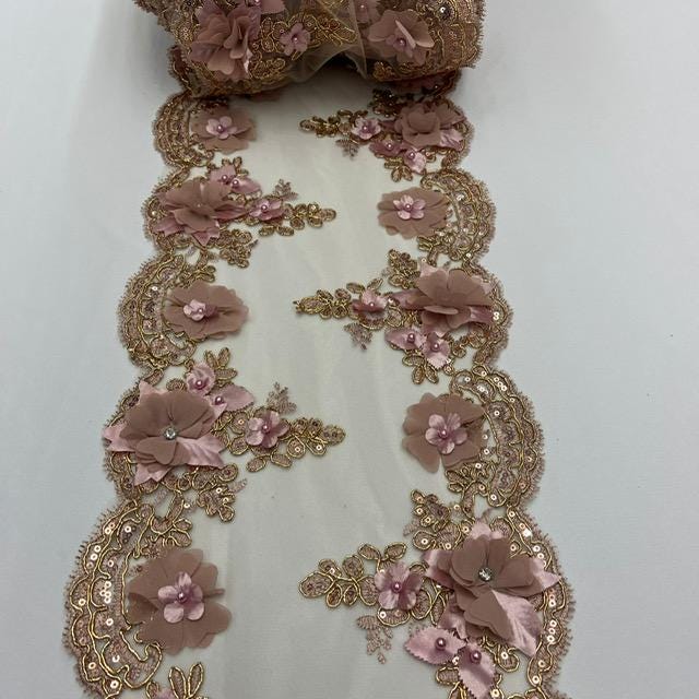 Dusty Rose Beaded Lace Fabric - 3D Embroidered Floral Lace, Pearls & Crystals, Dusty Rose, 22" Width (1 Yard)