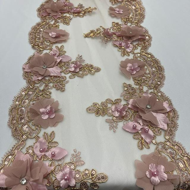 Dusty Rose Beaded Lace Fabric - 3D Embroidered Floral Lace, Pearls & Crystals, Dusty Rose, 22" Width (1 Yard)