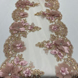 Dusty Rose Beaded Lace Fabric - 3D Embroidered Floral Lace, Pearls & Crystals, Dusty Rose, 22" Width (1 Yard)