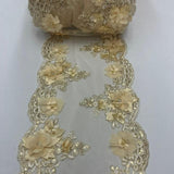 VT-34 Gold Beaded Lace Fabric - Gold 3D Embroidered Lace With Pearls And Crystals, 22" Width