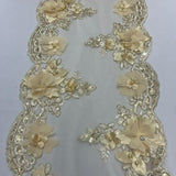 VT-34 Gold Beaded Lace Fabric - Gold 3D Embroidered Lace With Pearls And Crystals, 22" Width