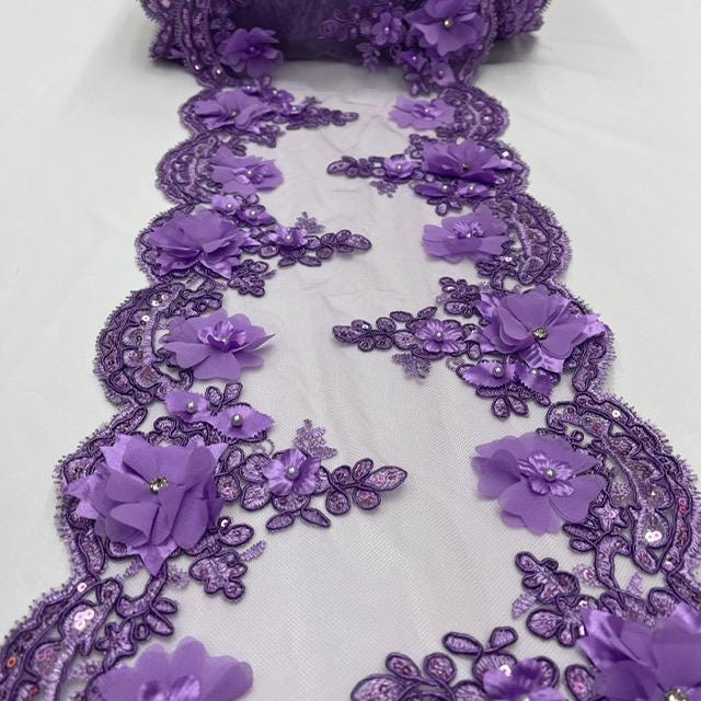 Lilac Beaded Lace Table Runner - 3D Embroidered Floral Lace, Lilac, 22" Width