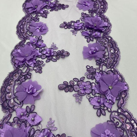 Lilac Beaded Lace Table Runner - 3D Embroidered Floral Lace, Lilac, 22" Width