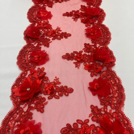 Red Beaded Lace Table Runner Lace Fabric - Red 3D Embroidered Lace With Pearls And Crystals, 20" Width
