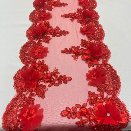 Red Beaded Lace Table Runner Lace Fabric - Red 3D Embroidered Lace With Pearls And Crystals, 20" Width