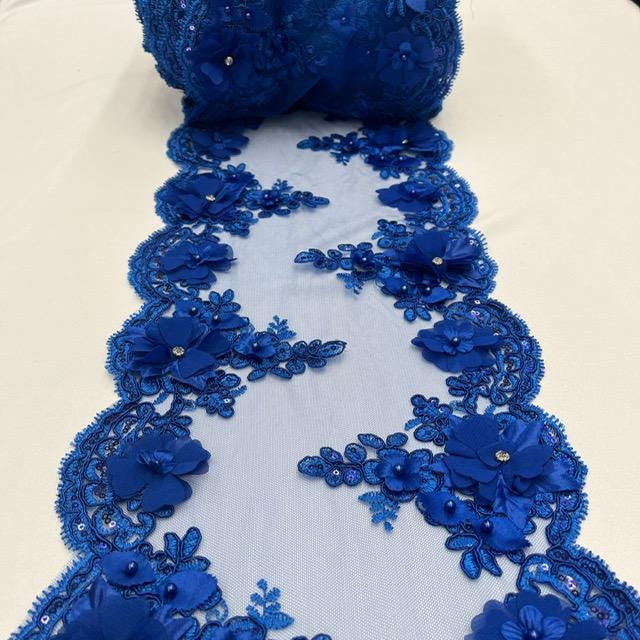 Royal Blue Beaded Lace Fabric - 3D Embroidered Lace, Pearls, Crystals, 22" Width