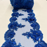 Royal Blue Beaded Lace Fabric - 3D Embroidered Lace, Pearls, Crystals, 22" Width