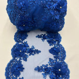 Royal Blue Beaded Lace Fabric - 3D Embroidered Lace, Pearls, Crystals, 22" Width