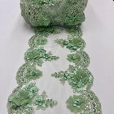 Sage Green Beaded Lace Fabric - 3D Embroidered Lace With Pearls And Crystals, 22" Width