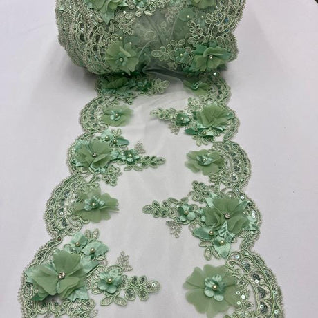 Sage Green Beaded Lace Fabric - 3D Embroidered Lace With Pearls And Crystals, 22" Width