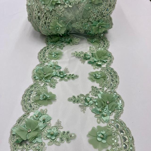 Sage Green Beaded Lace Fabric - 3D Embroidered Lace With Pearls And Crystals, 22" Width