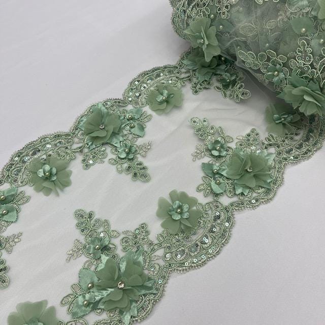Sage Green Beaded Lace Fabric - 3D Embroidered Lace With Pearls And Crystals, 22" Width