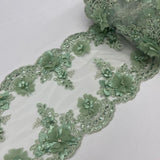 Sage Green Beaded Lace Fabric - 3D Embroidered Lace With Pearls And Crystals, 22" Width