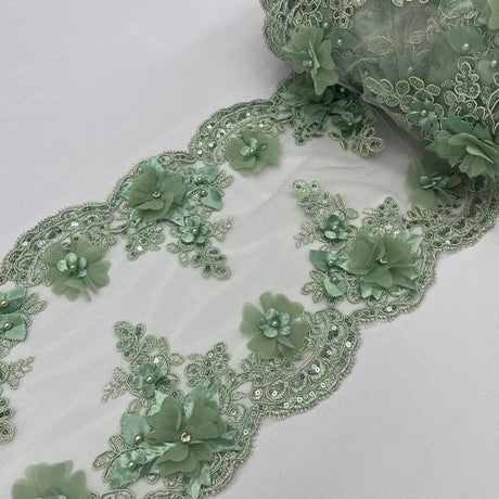 Sage Green Beaded Lace Fabric - 3D Embroidered Lace With Pearls And Crystals, 22" Width