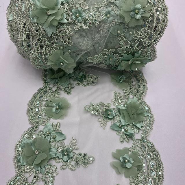 Sage Green Beaded Lace Fabric - 3D Embroidered Lace With Pearls And Crystals, 22" Width