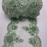 Sage Green Beaded Lace Fabric - 3D Embroidered Lace With Pearls And Crystals, 22" Width