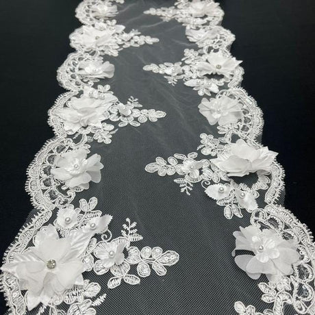 White Beaded Lace Table Runner 3D Embroidered Lace Fabric - White, Pearls And Crystals, 22" Width