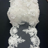 White Beaded Lace Table Runner 3D Embroidered Lace Fabric - White, Pearls And Crystals, 22" Width
