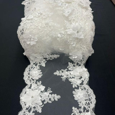 White Beaded Lace Table Runner 3D Embroidered Lace Fabric - White, Pearls And Crystals, 22" Width