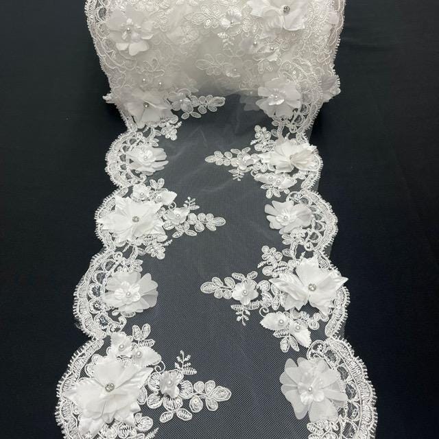 White Beaded Lace Table Runner 3D Embroidered Lace Fabric - White, Pearls And Crystals, 22" Width