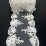 White Beaded Lace Table Runner 3D Embroidered Lace Fabric - White, Pearls And Crystals, 22" Width