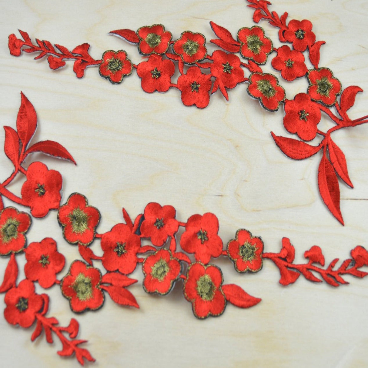 Embroidered Flower Patch Applique Red Gold