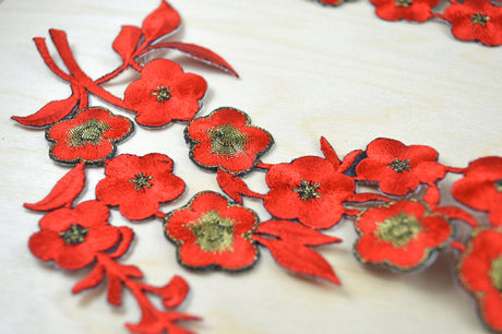 Embroidered Flower Patch Applique Red Gold