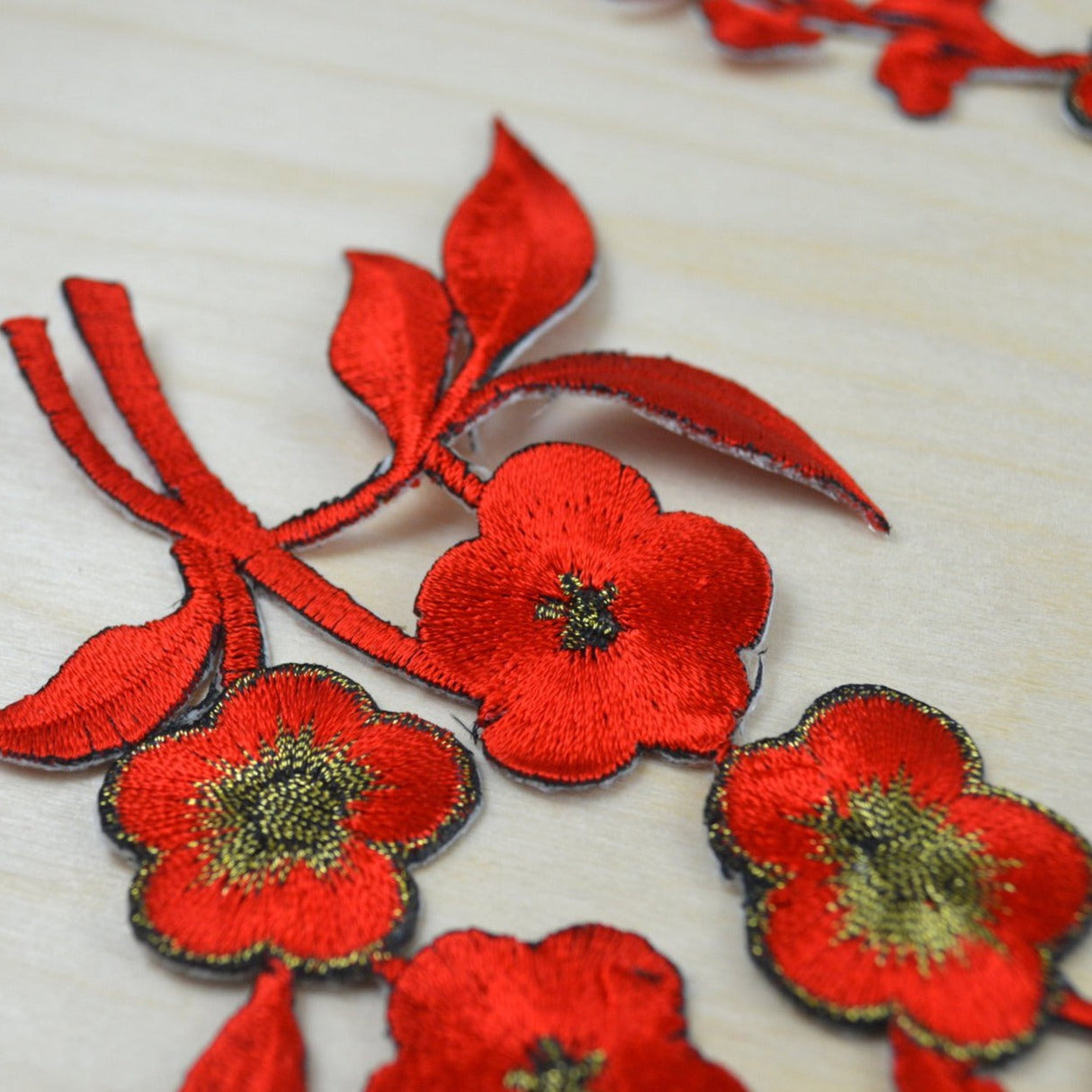 Embroidered Flower Patch Applique Red Gold