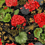 Quilting Cotton Scarlet Beauty Geranium Dragonfly Collage Black Timeless Treasures