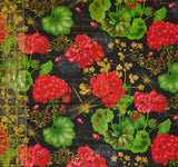 Quilting Cotton Scarlet Beauty Geranium Dragonfly Collage Black Timeless Treasures