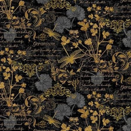 Quilting Cotton Text and Floral Fleur-CD3182 Black Timeless Treasures