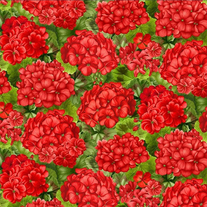 Quilting Cotton Scarlet Beauty Packed Geranium with Leaves Timeless Treasures