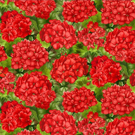 Quilting Cotton Scarlet Beauty Packed Geranium with Leaves Timeless Treasures