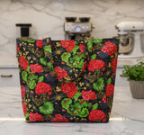 Quilting Cotton Scarlet Beauty Geranium Dragonfly Collage Black Timeless Treasures