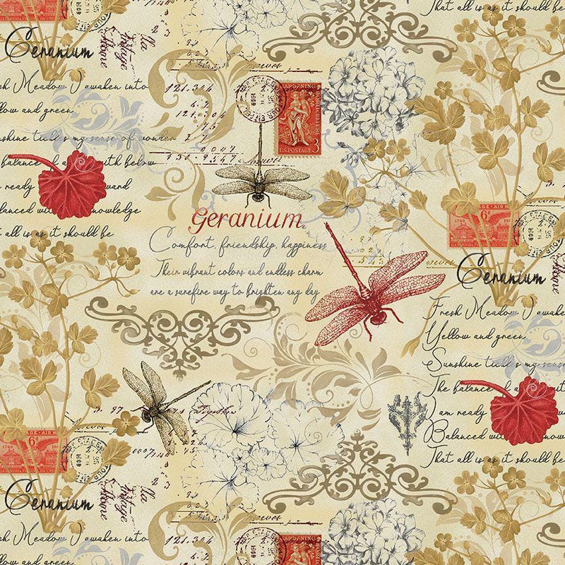 Quilting Cotton Scarlet Beauty Text and Floral Fleur-CD3182 Cream
