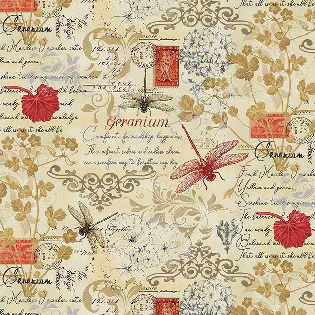 Quilting Cotton Scarlet Beauty Text and Floral Fleur-CD3182 Cream