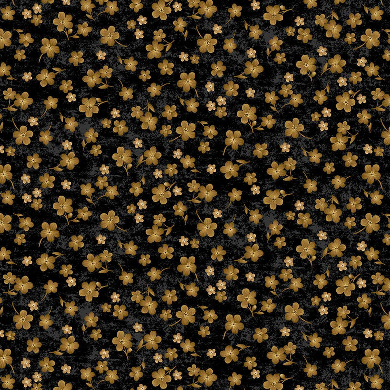 Quilting Cotton Scarlet Beauty Tossed Gold Geranium Fleur Black Timeless Treasures