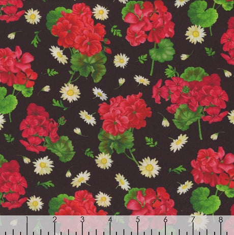 Quilting Cotton Scarlet Beauty Geraniums and Daisies Black Timeless Treasures