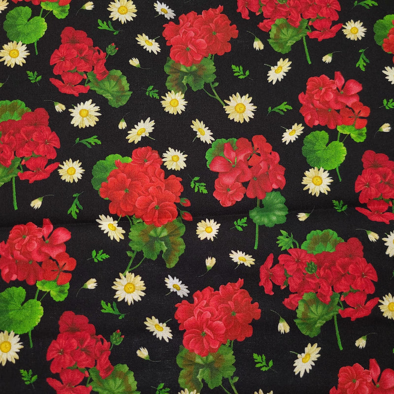 Quilting Cotton Scarlet Beauty Geraniums and Daisies Black Timeless Treasures