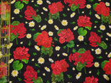 Quilting Cotton Scarlet Beauty Geraniums and Daisies Black Timeless Treasures