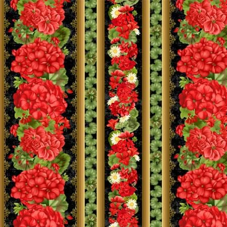 Quilting Cotton Scarlet Beauty Border Stripe Fleur Black Timeless Treasures