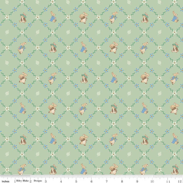 Quilting Cotton Peter Rabbit™ and Benjamin Bunny™ Lattice Green Riley Blake