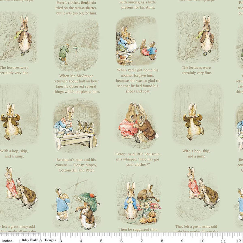 Quilting Cotton Peter Rabbit™ and Benjamin Bunny™ Story Time Green Riley Blake