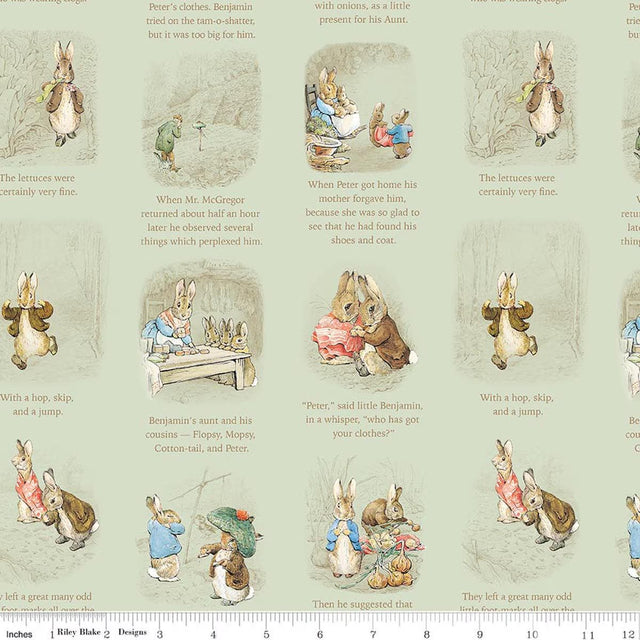 Quilting Cotton Peter Rabbit™ and Benjamin Bunny™ Story Time Green Riley Blake