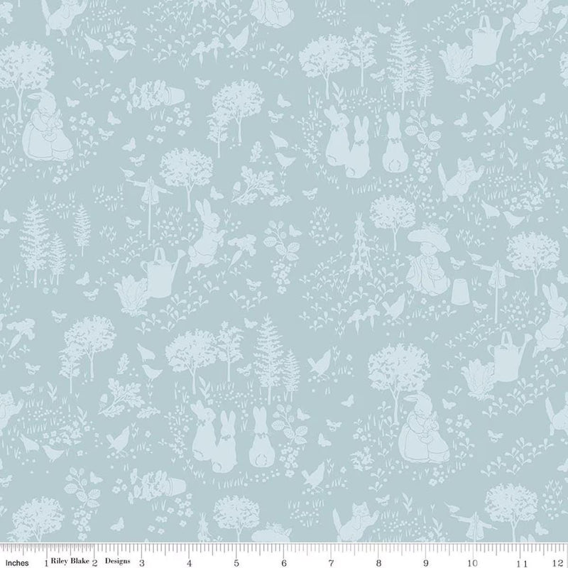Quilting Cotton Peter Rabbit and Benjamin Bunny Tonal Garden Blue Riley Blake