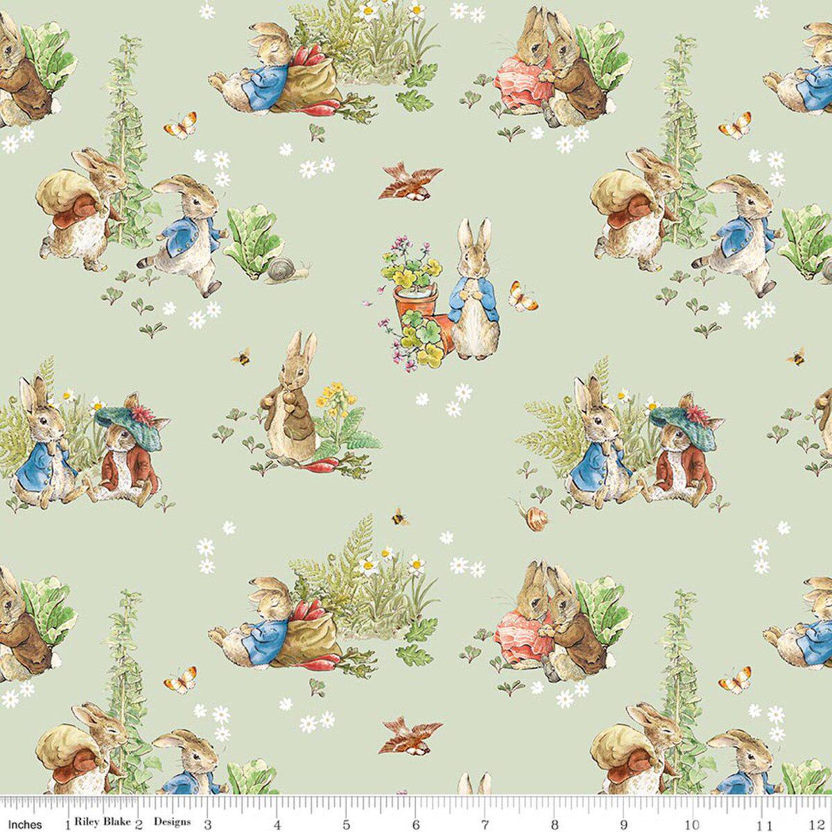 Quilting Cotton Peter Rabbit™ and Benjamin Bunny™ Main Green Riley Blake