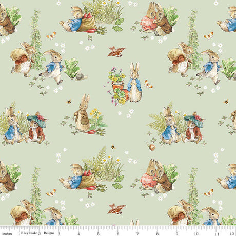Quilting Cotton Peter Rabbit™ and Benjamin Bunny™ Main Green Riley Blake