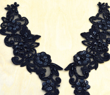 Beaded Floral Collar Applique Black 9in Pair