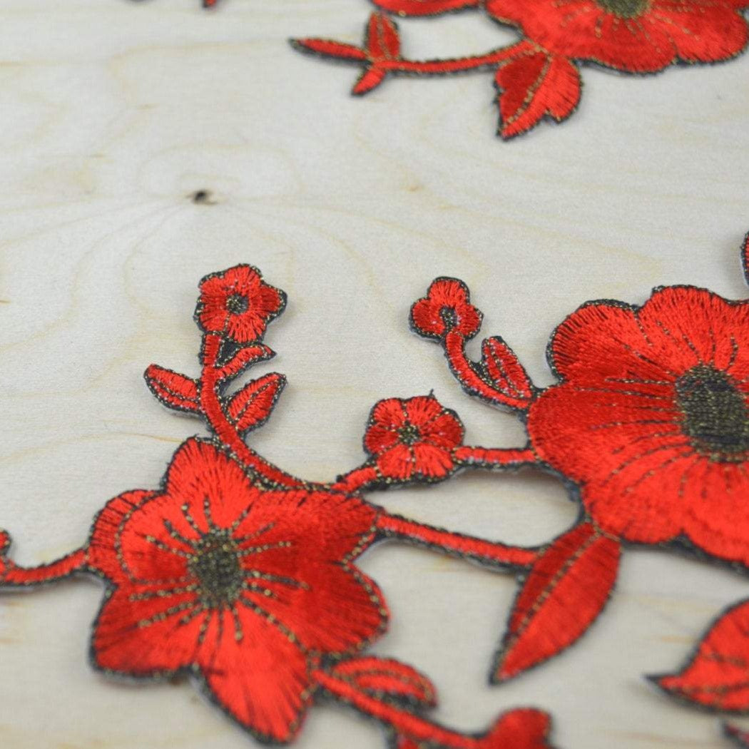 Flower Applique Patch Dark Red Antique Gold