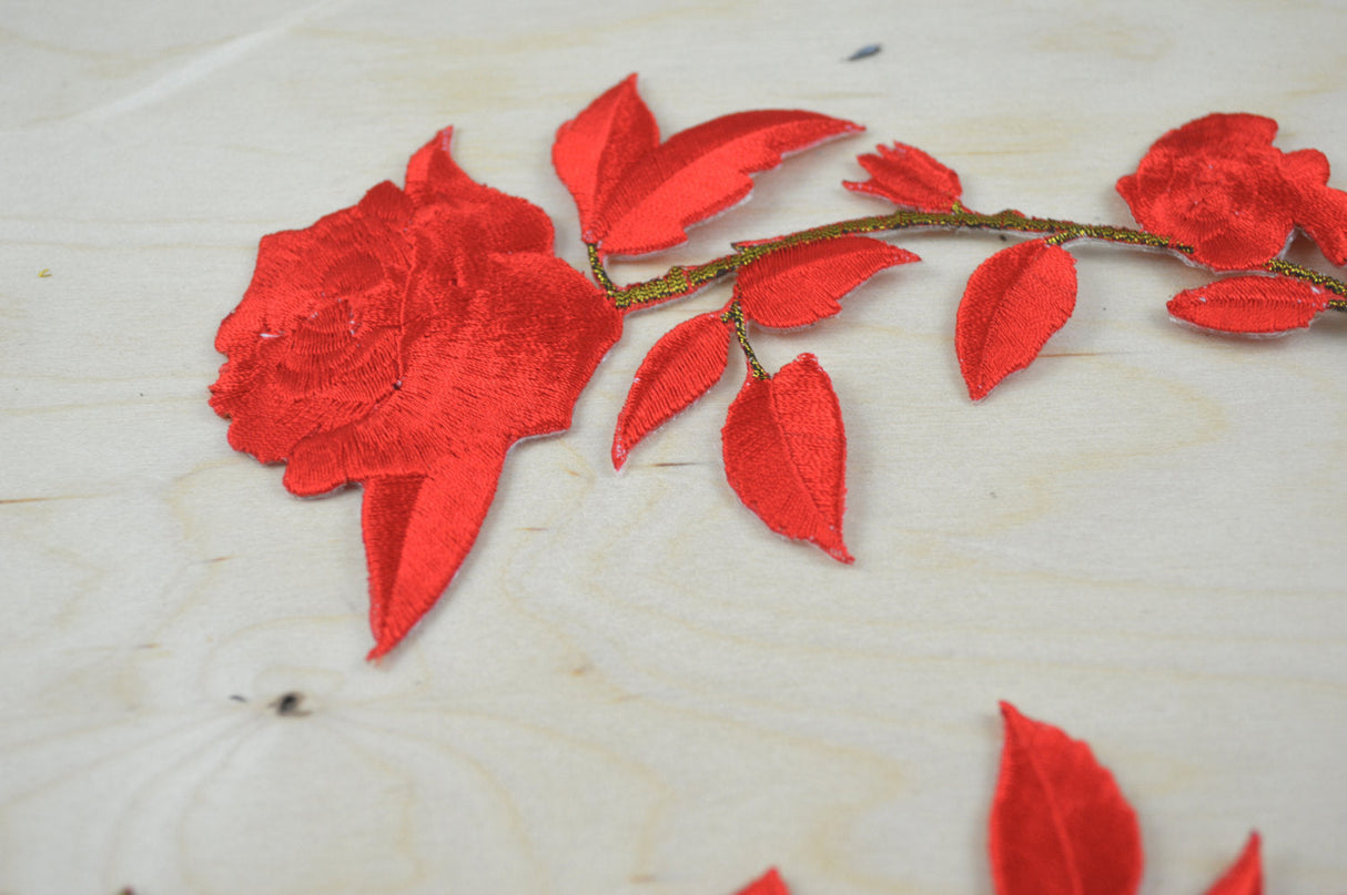 Embroidered Rose Applique Patch Red Iron-On